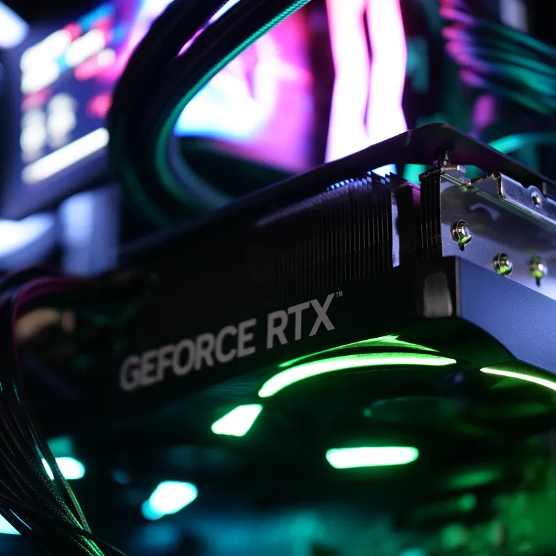Endorfy Aquarius 8000 in Schwarz, beleuchtete GeForce-RTX-Grafikkarte im Detail