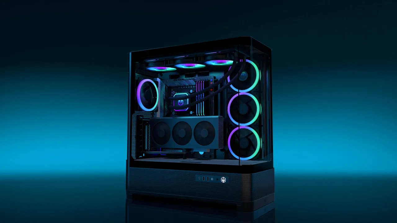 Endorfy Aquarius 8000 in Schwarz, Herstellerbild: beleuchtetes Gehäuse mit Glasfront, Glasseite und Beispielkomponenten vor blauem Hintergrund