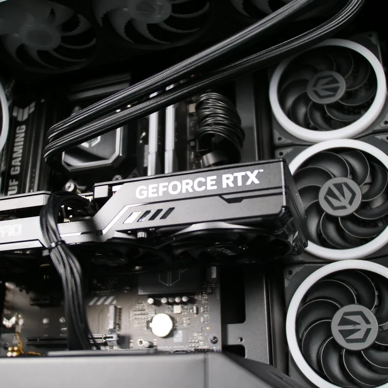 Endorfy Fishtank 6000 in Schwarz, GeForce-RTX-Grafikkarte neben den Seitenlüftern