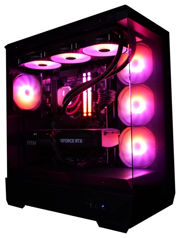 MSI MAG PANO 130R PZ in Schwarz, Freisteller, ganzes Gehäuse schräg von vorn, pink beleuchtet
