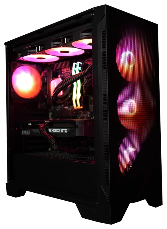 MSI MAG FORGE 320R Airflow in Schwarz, Freisteller, ganzes Gehäuse schräg von vorn, orange und rot beleuchtet