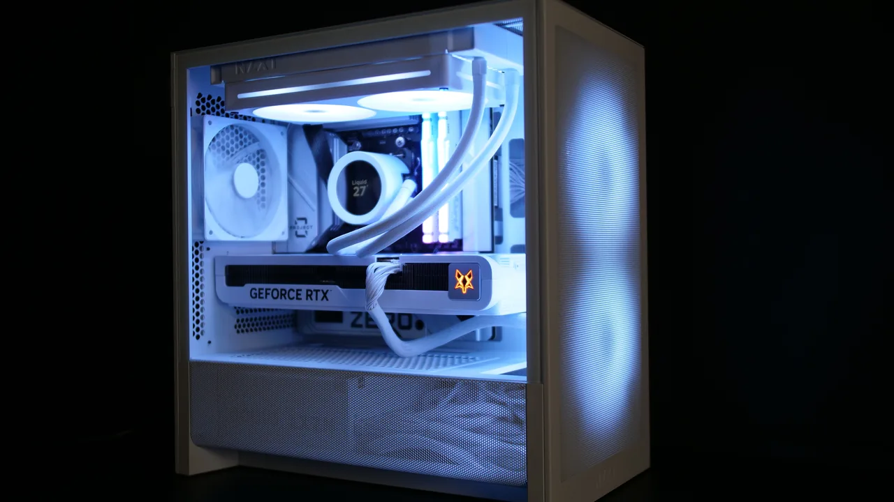 NZXT H3 Flow in Weiß, beleuchteter Beispielaufbau von vorn links mit Mesh-Front