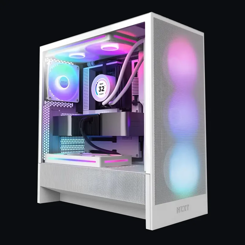 NZXT H5 Flow RGB in Weiß, Herstellerdarstellung von vorn links mit drei leuchtenden Frontlüftern