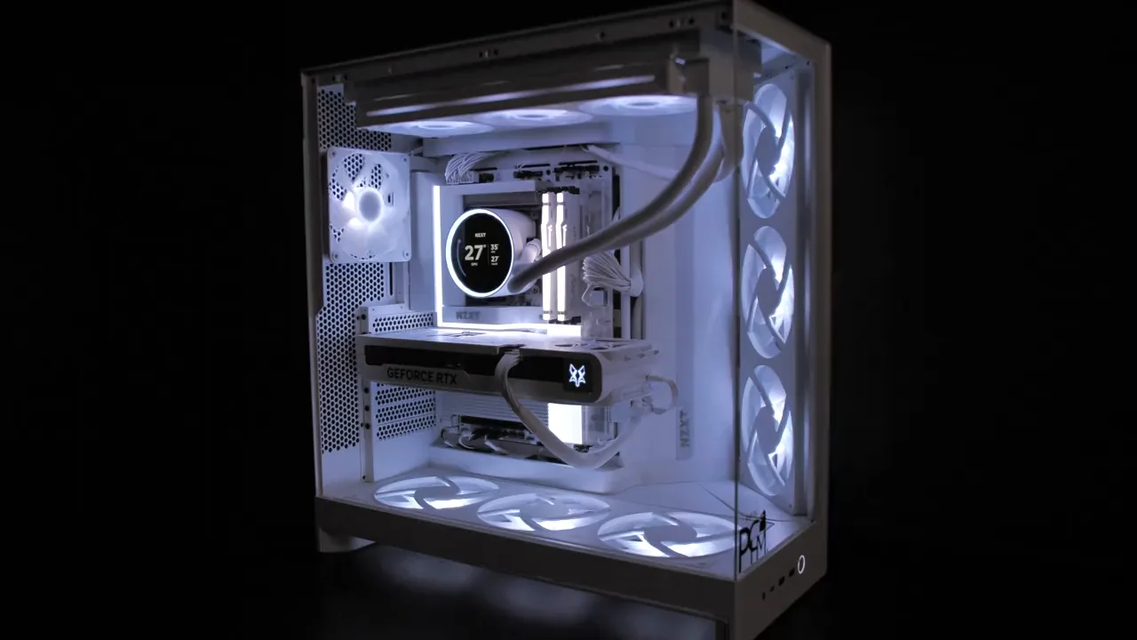 NZXT H9 Flow in Weiß, beleuchteter Beispielaufbau