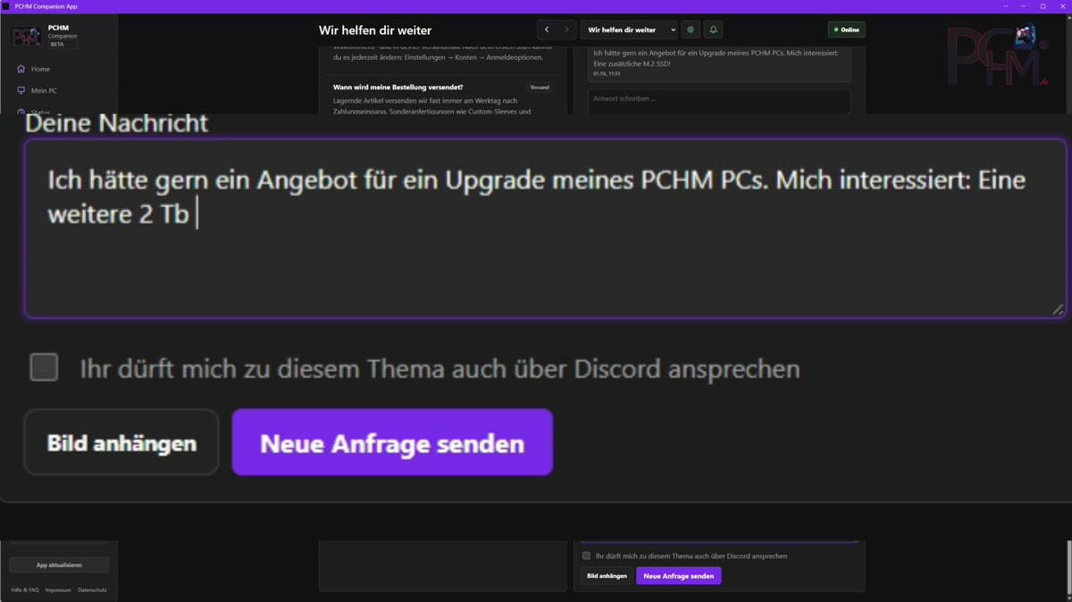Upgrade-Anfrage in der PCHM Companion App
