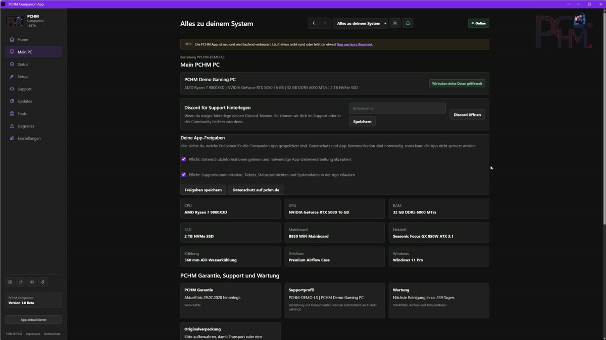 Übersicht der PCHM Companion App mit Bestelldetails